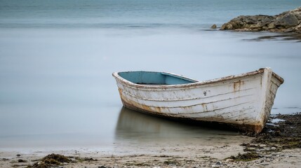  Old wooden boat on misty shore at dawn. Perfect for marine themes, coastal landscapes, and solitude concepts.