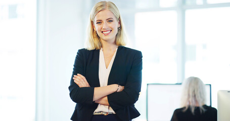 Poster - Arms crossed, portrait and smile with business woman in office for about us, welcome or we are hiring. Happy, onboarding and recruitment with friendly human resources employee in professional space