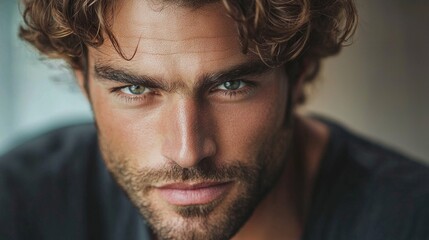 Poster - A striking man with chestnut brown wavy hair captivates attention with his intense gaze and chiseled features. He sits comfortably in a sunlit room, lost in thought as shadows dance around him