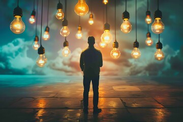 Aufkleber - Businessman looking at many hanging light bulbs in a surreal, inspirational scene with a cloudy background
