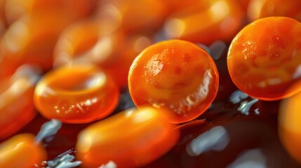 Aufkleber - Close-up of vibrant orange circular objects resembling bubbles on a dark surface, creating a playful atmosphere