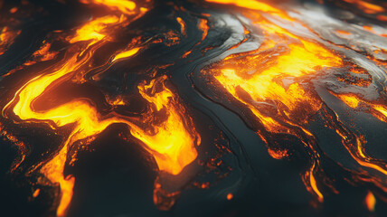 Poster - Molten Fire: Abstract close-up of fiery, glowing lava texture, with dark and orange hues swirling and flowing like a molten river.  