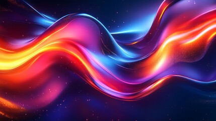 Wall Mural - Abstract art design vibrant 3D shapes and flowing glass textures set against a neon wave background for a futuristic feel