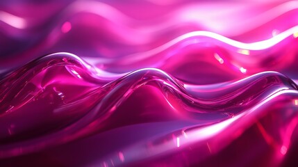 Poster - Abstract art design wavy glass shapes and magenta tones creating a vibrant 3D background with neon wave highlights for a modern aesthetic