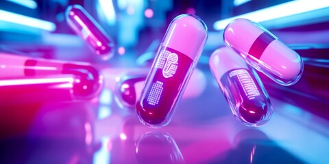 Aufkleber - A colorful array of capsules floating in a vibrant atmosphere. The bright neon lights give a futuristic feel. This visually striking image is perfect for health and wellness themes. AI