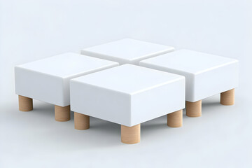 Poster - Four White Cubes Stand on Wooden Legs in a Minimalist Scene with Soft Lighting