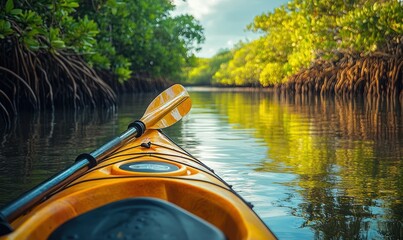 Wall Mural - Kayaking through tranquil mangrove tunnel, sunlight dappled.