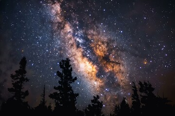 Wall Mural - stunning view of the milky way galaxy illuminating the night sky over a forest of pine trees