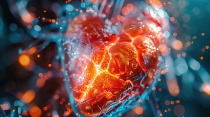 Poster - Vivid 3D depiction of a glowing heart surrounded by ethereal light and energy particles