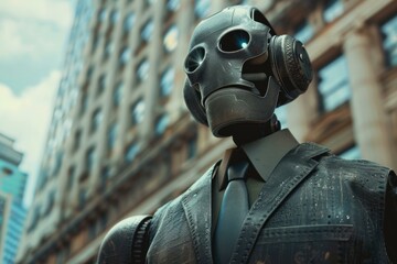 Poster - Robot wearing a suit and tie standing in a city looking upwards