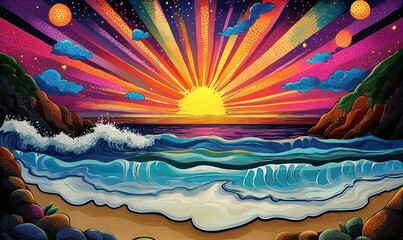 Wall Mural - Vibrant sunset ocean waves beach art