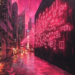 Wall Mural - Pink neon city alleyway digital art futuristic scene