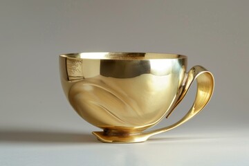 Poster - Polished golden cup with an elegant handle, reflecting light on a white surface against a gray backdrop