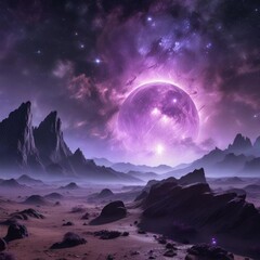 Wall Mural - Cosmic landscape with purple nebula and glittering starlight, astrology, space exploration, universe mysteries