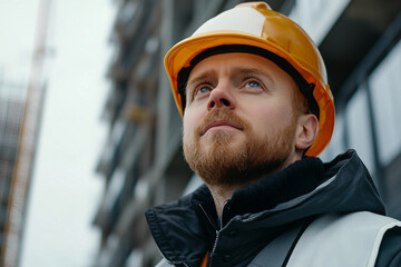 Poster - A portrait of a young man in a construction site, generative AI image