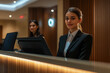 © Tetiana - Happy receptionists cooperating while working on computer at hotel front desk, generative AI image