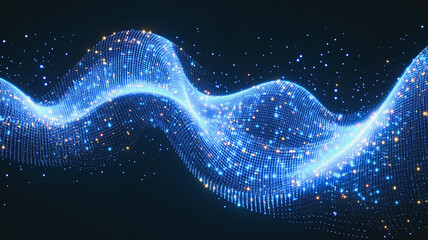 Poster - Abstract Digital Wave: An ethereal and mesmerizing digital wave, rendered in a vibrant blue with a mesmerizing shimmer, dances across a deep black background.