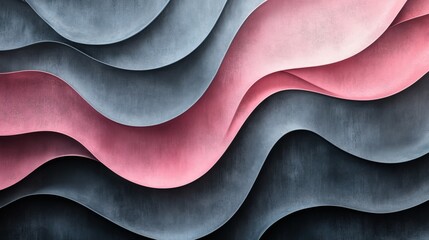 Poster - Abstract background flowing waves in soft pink and charcoal gray featuring a grainy texture and subtle noise effect for a modern and elegant wallpaper design