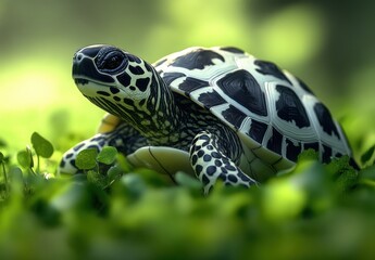 Poster - Close-Up of a Beautiful Spotted Turtle Resting Serenely Amidst Lush Greenery, Capturing the Elegance of Nature in a Tranquil Environment
