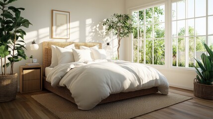 Poster - Bed with white comforter and decorative plant in a basket in a cozy bedroom setting