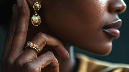 Aufkleber - A graceful hand of an African American woman delicately touches her face, showcasing stunning gold earrings and rings that highlight her elegance and style in a soft, warm atmosphere