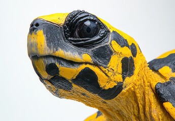 Poster - Close-up of a Colorful Turtle with Bright Yellow and Black Patterns on Shell Against a Simple Background