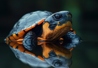 Poster - Close-up of a Colorful Turtle with Unique Shell Patterns Lying on Water Surface Reflecting Its Vibrant Colors in a Serene Natural Habitat
