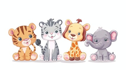 Wall Mural - A row of cute cartoon animals: a tiger, a tiger cub, a giraffe, and an elephant.