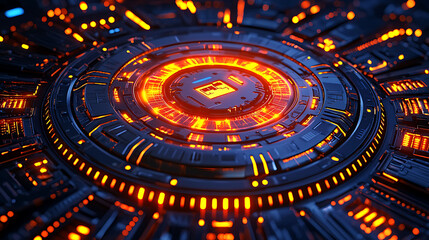 Poster - Closeup of a futuristic, glowing technological core.  Intricate design with vibrant orange accents on a dark metallic surface.  Perfect for tech, science fiction, or AI concepts.