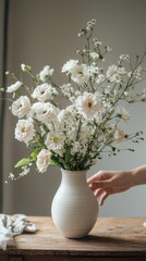 Poster - In a cozy, softly lit room, a gentle hand delicately places white flowers into a minimalist vase, creating a tranquil atmosphere that enhances home decor and showcases natural beauty