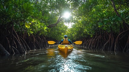 Wall Mural - Kayaker paddles through sunlit mangrove tunnel.