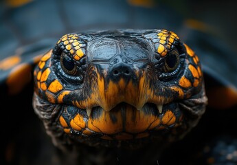 Poster - Close-Up of a Majestic Turtle with Striking Orange and Black Patterns Showcasing Intricate Details of Its Face and Shell in Natural Habitat