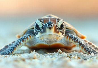 Poster - Close-Up of a Sea Turtle on Sandy Beach with Soft Focus Background Showing Ocean and Shoreline in Beautiful Natural Lighting
