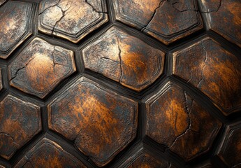 Poster - Close-up of a textured, rustic turtle shell with detailed hexagonal patterns and natural aging effects revealing complexity and uniqueness of nature's design