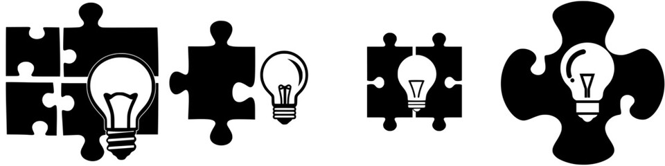 Poster - Creative puzzle pieces illustrated with light bulbs representing innovative ideas and problem-solving concepts in a minimalist style