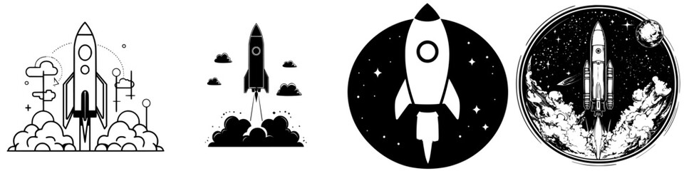 Wall Mural - multiple rocket designs taking off against space-themed backgrounds showcasing exploration and innov