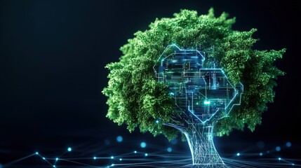 Poster - Tree with digital interface resembling human head representing technology and nature interaction