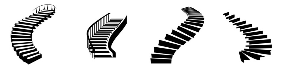 Poster - Unique designs of spiral staircases showcasing varying shapes and styles in black and white illustrations