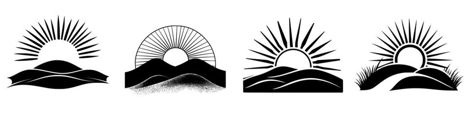 Poster - Sunrise illustrations featuring various styles of mountains and rays over hills during morning hours