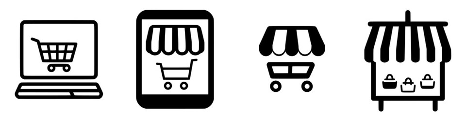 Shopping symbols representing online and offline retail experiences across various devices in a minimalist style