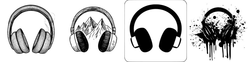 Poster - Various artistic designs of headphones showcasing creativity and unique styles in black and white