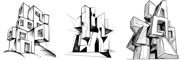Poster - Abstract architectural structures showcasing geometric designs and unique forms in a black and white illustration