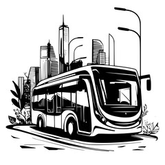 Poster - Public transport bus navigating through an urban landscape with modern skyscrapers in the background