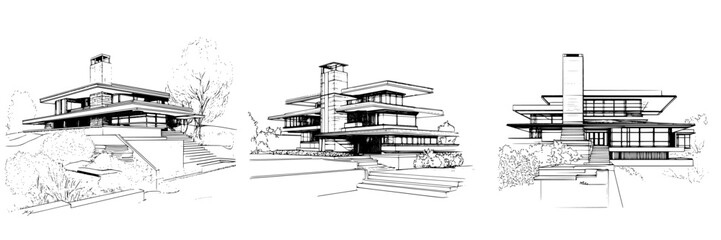 Poster - Architectural sketches of a modern house showing innovative design and landscape integration in three perspectives