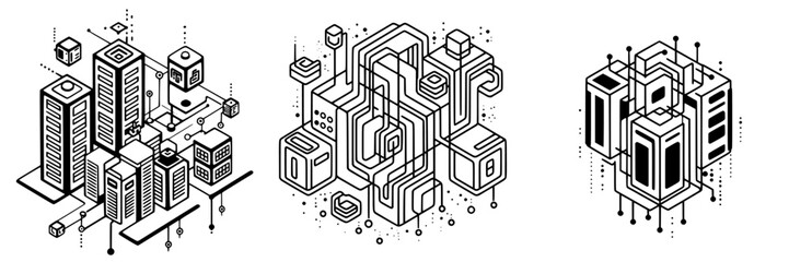 Poster - modern cityscape illustrated in monochrome with abstract buildings and geometric designs