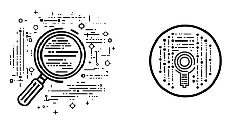 Poster - creative line art compositions depicting a magnifying glass surrounded by abstract data patterns and