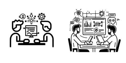 Poster - Collaboration between two individuals analyzing data and discussing results in a modern workspace setting