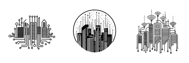 Poster - Modern urban landscapes featuring technology and connectivity in a minimalist style