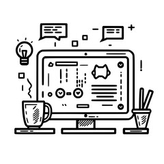 Poster - creative workspace featuring a computer monitor with design elements, coffee cup, and plant in focus