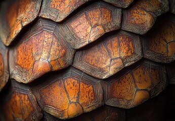 Poster - Close-Up of Detailed Turtle Shell Texture Showing Rich Patterns, Natural Colors and Unique Design Elements in an Intricate Arrangement of Scales